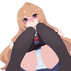 1girl :q aisaka_taiga ass black_pantyhose blue_skirt blush brown_eyes brown_hair cameltoe clothes_pull commentary dated_commentary feet_out_of_frame flat_chest from_below full-face_blush highres kukuchi581 licking_lips long_hair looking_at_viewer looking_down naughty_face panties pantyhose pantyhose_pull pigeon-toed pulling_own_clothes red_vest school_uniform simple_background skirt smile solo sweatdrop tongue tongue_out toradora! underwear v-shaped_eyebrows very_long_hair vest white_background white_panties