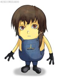 Rule 34 | 1boy, 1girl, asymmetrical hair, brown eyes, brown hair, colored skin, crossover, despicable me, facing viewer, full body, hair ornament, highres, indioweeaboo, iwakura lain, looking at viewer, minion (despicable me), overalls, parody, scooby-doo, scooby-doo (character), serial experiments lain, shaggy rogers, simple background, solo, standing, tagme, three fingers, what, white background, x hair ornament, yellow skin