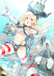 Rule 34 | 10s, 1boy, 1girl, admiral (kancolle), armpits, black panties, blonde hair, blush, crop top, crop top overhang, elbow gloves, gloves, hair ornament, hairband, highleg, highleg panties, highres, kantai collection, lifebuoy, long hair, md5 mismatch, midriff, navel, panties, personification, pointing, rensouhou-chan, resolution mismatch, sailor collar, shimakaze (kancolle), skindentation, skirt, source larger, striped clothes, striped thighhighs, swim ring, thighhighs, underwear, white gloves, yanyo (ogino atsuki)