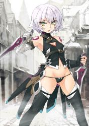 Rule 34 | 1girl, armpits, bandages, black panties, black thighhighs, breasts, cleavage, cleavage cutout, clothing cutout, dual wielding, fate/apocrypha, fate/grand order, fate (series), holding, holding knife, jack the ripper (fate/apocrypha), knife, konoe ototsugu, looking at viewer, lowleg, lowleg panties, navel, no pants, open mouth, outdoors, panties, resized, scar, short hair, silver hair, small breasts, solo, thighhighs, underwear, upscaled, waifu2x, yellow eyes