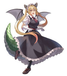 Rule 34 | 1girl, absurdres, black legwear, blonde hair, bow, breasts, collared shirt, colored tips, dragon girl, dragon horns, dragon tail, dragon wings, dress, fang, floating hair, frilled dress, frills, full body, gloves, green tail, hair between eyes, highres, horns, kazuwo33 (kazumaryu1206), kobayashi-san chi no maidragon, large breasts, long hair, maid, maid headdress, multicolored hair, necktie, open mouth, orange eyes, orange hair, pinafore dress, red bow, red necktie, shirt, short necktie, sleeveless dress, smile, solo, standing, standing on one leg, tail, tohru (maidragon), twintails, two-tone hair, waist bow, white background, white gloves, wings