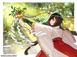 Rule 34 | 10s, 1girl, bell, black gloves, black hair, brown eyes, character request, commentary request, elbow gloves, fingerless gloves, forest, gloves, hakama, hakama skirt, holding, japanese clothes, jingle bell, kimono, long hair, looking away, miko, mole, mole under eye, multicolored hair, nature, official art, outstretched arm, parted lips, red hair, red hakama, ribbon-trimmed hakama, ribbon trim, short kimono, skirt, solo, streaked hair, very long hair, watermark, white kimono, wixoss, yuu (higashi no penguin)