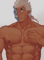 Rule 34 | 1boy, absurdres, bara, commentary, dark-skinned male, dark skin, grey background, half mask, highres, horned mask, horns, large pectorals, long sideburns, low ponytail, male focus, mask, monster boy, muscular, muscular male, nipples, no pupils, no shirt, oni mask, pectorals, pointy ears, shuten douji (housamo), sideburns, single horn, solo, t-ryu, tokyo houkago summoners, tusks, upper body, white hair