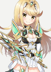Rule 34 | 1girl, absurdres, blonde hair, breasts, chest jewel, earrings, elbow gloves, gem, gloves, headpiece, highres, jewelry, kaede (maple4rt), large breasts, long hair, mythra (xenoblade), nintendo, solo, swept bangs, tiara, very long hair, white gloves, xenoblade chronicles (series), xenoblade chronicles 2, yellow eyes