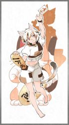 Rule 34 | 1girl, animal ears, arm up, barefoot, bell, berusuke (beru no su), bracelet, calico, card, card background, cat ears, cat girl, cat tail, coin, crop top, full body, gold, goutokuji mike, holding, holding card, jewelry, jingle bell, koban (gold), maneki-neko, midriff, multicolored hair, multicolored tail, neck bell, orange eyes, patchwork clothes, silhouette, tail, touhou