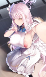 Rule 34 | 1girl, absurdres, angel wings, areola slip, armpits, bare shoulders, big shine, blue archive, blunt bangs, blush, bow, breasts, dress, feathered wings, finger to mouth, flower, hair flower, hair ornament, halo, highres, index finger raised, large breasts, long hair, looking at viewer, mika (blue archive), mole, nipple slip, nipples, pink hair, reaching, reaching towards viewer, selfie, shushing, solo, sweat, very long hair, white dress, wings, yellow eyes