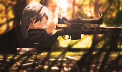 Rule 34 | 1girl, ammunition box, blurry, blurry background, blurry foreground, bolt action, commentary request, depth of field, ear protection, gun, lens flare, lying, magazine (weapon), on stomach, orange eyes, original, outdoors, remington model 700, rifle, silver hair, sniper rifle, solo, weapon, ylmi