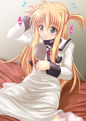 Rule 34 | 00s, 1girl, arisa bunnings, bed, blonde hair, dress, green eyes, hairdressing, long hair, lyrical nanoha, mahou shoujo lyrical nanoha, mahou shoujo lyrical nanoha a&#039;s, mirror, open mouth, school uniform, serafuku, short twintails, socks, solo, twintails, two side up, uminchu