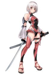 Rule 34 | 1girl, absurdres, akiyama rinko (cosplay), bare shoulders, blush, breasts, brown eyes, closed mouth, cosplay, covered erect nipples, detached sleeves, full body, grey hair, highleg, highleg leotard, highres, holding, holding sword, holding weapon, katana, kilye kairi, leotard, long sleeves, looking at viewer, medium hair, original, sandals, scabbard, sheath, simple background, skin tight, small breasts, solo, standing, sword, taimanin (series), taimanin suit, toenails, toes, unsheathed, weapon, white background