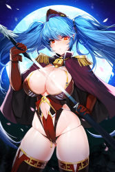 Rule 34 | 1girl, black panties, blue hair, blush, breasts, brown gloves, cameltoe, cape, cleavage, clothing cutout, curvy, epaulettes, full moon, gloves, glowing, glowing eye, hair ornament, hat, highres, large breasts, long hair, looking at viewer, luthica preventer, moon, navel, navel cutout, night, night sky, panties, petals, red eyes, sheath, sky, snowball22, solo, sword, sword girls, thick thighs, thighhighs, thighs, thong, twintails, underwear, unsheathing, weapon, wide hips