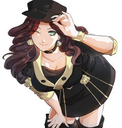 1girl breasts brown_hair dorothea_arnault earrings fire_emblem fire_emblem:_three_houses green_eyes hat jewelry large_breasts long_hair looking_at_viewer nintendo one_eye_closed school_uniform short_sleeves sierra117renner skirt white_background wink