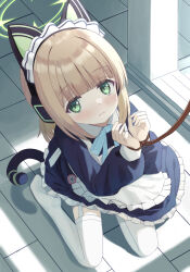 Rule 34 | 1girl, absurdres, animal ear headphones, animal ears, apron, black dress, blonde hair, blue archive, blush, closed mouth, cpk prd, dress, fake animal ears, floor, green eyes, green halo, halo, headphones, highres, long sleeves, looking at viewer, maid, maid apron, maid headdress, midori (blue archive), midori (maid) (blue archive), official alternate costume, restrained, rope, short hair, solo, thighhighs, white apron, white thighhighs