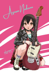 Rule 34 | 1girl, artist name, black hair, brown eyes, character name, choker, dated, electric guitar, fender mustang, guitar, highres, instrument, k-on!, long hair, nail polish, nakano azusa, open mouth, panties, shirt, shoes, skirt, socks, solo, striped clothes, striped shirt, tono51044448, underwear, watch, wristwatch