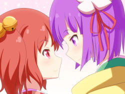 Rule 34 | 2girls, bell, blush, bob cut, cato (monocatienus), commentary, eye contact, face-to-face, flower, forehead-to-forehead, hair bell, hair flower, hair ornament, hair ribbon, heads together, hieda no akyuu, imminent kiss, japanese clothes, kimono, looking at another, motoori kosuzu, multiple girls, purple eyes, purple hair, red eyes, red hair, ribbon, short hair, smile, touhou, two side up, yuri