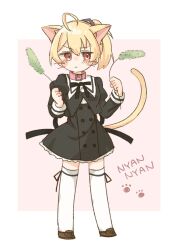 Rule 34 | 1girl, :|, ahoge, andou tazusa, animal collar, animal ears, assault lily, black ribbon, black skirt, blonde hair, blush, border, brown footwear, buttons, cat ears, cat girl, cat tail, cattail, closed mouth, collar, commentary, cropped jacket, frilled skirt, frills, full body, hair ribbon, hands up, high-waist skirt, highres, holding, holding plant, juliet sleeves, leg ribbon, long sleeves, looking at viewer, miniskirt, neck ribbon, outside border, pink background, pink collar, plant, ponytail, puffy sleeves, purple ribbon, red eyes, ribbon, school uniform, shoes, short hair, skirt, solo, standing, tail, tail raised, thigh ribbon, thighhighs, v-shaped eyebrows, whiskers, white border, white thighhighs, yubari lemon (lemonlilie), yurigaoka girls academy school uniform, zettai ryouiki