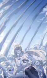 Rule 34 | 1girl, absurdres, angel wings, black neckerchief, black pantyhose, blue archive, blue sky, closed eyes, cloud, commentary request, cup, dress, drinking, feathered wings, feet out of frame, flower, hair flower, hair ornament, halo, highres, hizuki miya, holding, holding cup, leaning to the side, light brown hair, long hair, long sleeves, nagisa (blue archive), neckerchief, outdoors, pantyhose, sky, solo, table, teapot, tiered tray, white dress, white flower, white wings, wings