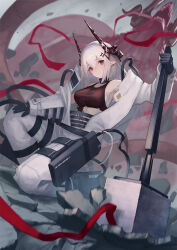 Rule 34 | 1girl, arknights, bare shoulders, black gloves, dress, full body, gloves, highres, holding, holding weapon, horns, long hair, material growth, midriff, monster, mudrock (arknights), oripathy lesion (arknights), red eyes, red ribbon, ribbon, shigma, simple background, sitting, weapon, white dress, white hair