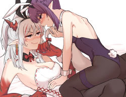 Rule 34 | 2girls, animal ears, arknights, bare arms, bare shoulders, black legwear, blush, breasts, chinese commentary, cleavage, commentary request, detached collar, fake animal ears, fake tail, highres, horns, lava (arknights), leotard, long hair, looking at viewer, lying, mabing, medium breasts, multiple girls, nian (arknights), nose blush, on back, open mouth, pantyhose, playboy bunny, pointy ears, purple eyes, purple leotard, rabbit ears, rabbit tail, silver hair, smile, strapless, strapless leotard, sweat, tail, thigh strap, white background, white leotard, wrist cuffs, yuri