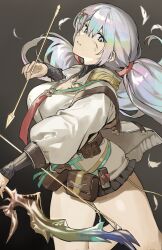 Rule 34 | 1girl, arrow (projectile), belt, belt pouch, black background, black skirt, blue eyes, bow (weapon), breasts, bruise, cleavage, cupitan (granblue fantasy), detached collar, feathers, granblue fantasy, grey hair, hair ornament, hairclip, hashibiro kou (garapiko p), highres, holding, holding arrow, holding bow (weapon), holding weapon, injury, jacket, large breasts, long hair, long sleeves, looking at viewer, low twintails, miniskirt, open clothes, open jacket, open mouth, pouch, shirt, skirt, sleeves past wrists, solo, twintails, weapon, white jacket, white shirt