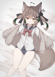 Rule 34 | 1girl, animal ear fluff, animal ears, bad id, bad pixiv id, bed sheet, black sailor collar, blush, bow, brown cardigan, brown eyes, brown hair, cardigan, commentary request, feet out of frame, fox ears, fox girl, fox tail, green hair, hair between eyes, highres, knees together feet apart, long sleeves, lying, multicolored hair, old school swimsuit, on back, one-piece swimsuit, open cardigan, open clothes, original, puffy long sleeves, puffy sleeves, red bow, risu (ritharte), sailor collar, school swimsuit, school uniform, serafuku, shirt, sleeves past fingers, sleeves past wrists, solo, swimsuit, swimsuit under clothes, tail, two-tone hair, white shirt