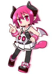 Rule 34 | 1girl, :o, bare shoulders, black footwear, black pantyhose, black shirt, blush, boots, colored shadow, commentary request, curled horns, demon girl, demon horns, demon tail, demon wings, disgaea, drop shadow, glowing, glowing eyes, hair between eyes, highres, horns, makai senki disgaea 3, naga u, pantyhose, parted lips, pink eyes, pink hair, pleated skirt, raspberyl, sailor collar, school uniform, serafuku, shadow, shirt, skirt, skull, sleeveless, sleeveless shirt, solo, tail, v-shaped eyebrows, white background, white sailor collar, white skirt, white wings, wings, wristband