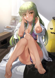 Rule 34 | 1girl, bare legs, barefoot, blush, bra, breasts, c.c., cheese-kun, cleavage, code geass, floral print, green hair, highres, indoors, knees up, light particles, long hair, looking at viewer, medium breasts, open clothes, open shirt, panties, plate, purple bra, purple panties, shelf, shirt, sitting, sleeves rolled up, solo, tipii, underwear, white shirt, yellow eyes