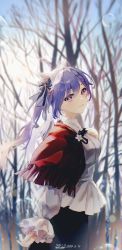 Rule 34 | 1girl, absurdres, blush, bow, breasts, bubble, collared shirt, frilled sleeves, frills, genshin impact, hair bow, hair ornament, highres, keqing (genshin impact), light purple hair, long hair, long sleeves, looking at viewer, purple eyes, red shawl, shawl, shirt, solo, swkl:d, white shirt