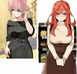 Rule 34 | 2girls, adjusting hair, ahoge, alternate costume, arm at side, black dress, blue eyes, blurry, blurry background, blush, breasts, brown skirt, casual, commentary, dress, embarrassed, frown, go-toubun no hanayome, hair between eyes, hair ornament, half-closed eyes, hand up, high-waist skirt, highres, large breasts, long hair, looking at viewer, looking to the side, mame1645, multiple girls, nakano ichika, nakano itsuki, nose blush, own hands together, photo background, pink hair, red hair, shirt, short hair, siblings, sidelocks, simple background, sisters, skirt, star (symbol), star hair ornament, straight-on, sweatdrop, twins, v arms, wavy hair, wavy mouth, white background, yellow shirt