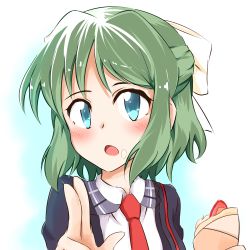 Rule 34 | 1girl, alternate hair color, bad id, bad pixiv id, bow, commentary, crepe, food, food on face, fruit, green hair, hair bow, kohinata miku, looking at viewer, lydian academy school uniform, necktie, open mouth, red necktie, school uniform, senki zesshou symphogear, solo, strawberry, white bow, yamabuki hiiro