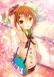 Rule 34 | 1boy, akane (goma), bag, brown hair, rabbit tail, buttons, doll, goma (11zihisin), hair ornament, hairclip, highres, looking up, male focus, open mouth, original, outdoors, school uniform, short hair, shorts, smile, solo, standing, sweater vest, tail, trap, yellow eyes