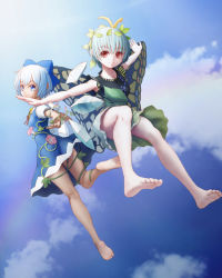 Rule 34 | 2girls, antennae, bad id, bad pixiv id, bare arms, bare legs, barefoot, blue bow, blue dress, blue eyes, blue hair, blue sky, bow, butterfly wings, cirno, closed mouth, cloud, cloudy sky, day, dress, eternity larva, feet, green dress, hair bow, highres, ice, ice wings, insect wings, leaf, leaf on head, looking at viewer, multiple girls, outdoors, outstretched arms, red eyes, short dress, short hair, sky, sleeveless, smile, soles, toes, touhou, wings, yossu?
