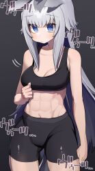 Rule 34 | 1girl, abs, absurdres, animal ears, bike shorts, black shorts, black sports bra, blue eyes, breasts, closed mouth, commentary, cowboy shot, ears down, grey hair, highres, horse ears, horse girl, horse tail, light frown, long hair, looking at viewer, medium breasts, motion lines, oguri cap (umamusume), shorts, solo, sports bra, sportswear, standing, tail, tamukoro, toned, toned female, translated, umamusume, very long hair