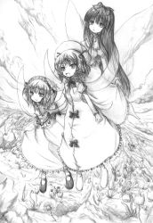 Rule 34 | 3girls, bow, cloud, cloudy sky, dress, fairy wings, female focus, flower, flying, full body, greyscale, hair bow, hat, hime cut, kurona, long hair, long sleeves, luna child, monochrome, multiple girls, perfect memento in strict sense, shoes, sketch, sky, star sapphire, sunny milk, touhou, wings