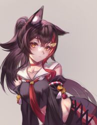 Rule 34 | 1girl, animal ear fluff, animal ears, black hair, breasts, choker, closed mouth, grey eyes, hair between eyes, hair ornament, hairclip, highres, hololive, koaen0024, long hair, looking at viewer, medium breasts, multicolored hair, ookami mio, ookami mio (1st costume), red choker, red hair, sailor collar, simple background, solo, streaked hair, unfinished, virtual youtuber, wolf ears, wolf girl, yellow eyes