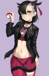 Rule 34 | 1girl, asymmetrical bangs, asymmetrical hair, bad id, bad twitter id, black choker, black hair, black jacket, black shirt, blush, choker, closed mouth, commentary, cowboy shot, creatures (company), crop top, earrings, game freak, green eyes, guchi (tako undead), hair ribbon, highres, holding, holding poke ball, jacket, jewelry, light frown, looking at viewer, marnie (pokemon), midriff, navel, nintendo, open clothes, open jacket, pantyhose, pendant, pink pantyhose, pink shorts, poke ball, poke ball (basic), pokemon, pokemon swsh, print shirt, print shorts, purple background, red ribbon, ribbon, shirt, shorts, simple background, solo, standing, team yell, torn clothes, torn pantyhose, twintails, undercut