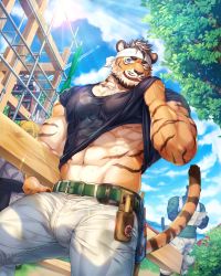 Rule 34 | 2boys, absurdres, bag, bara, biceps, blue eyes, brown hair, bulge, cloud, cloudy sky, construction, construction worker, fang, feet out of frame, furry, furry male, gozu farm, headband, highres, leaf, leather, leather belt, looking to the side, male focus, manly, mature male, multiple boys, muscular, muscular male, original, outdoors, pants, shirt, short hair, sky, smile, spiked hair, sunlight, sweat, sweatdrop, t-shirt, thick arms, thick eyebrows, thick thighs, thighs, tiger boy, tongue, tools, tree, wet, wet clothes, wood