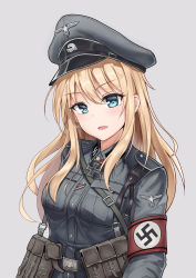 Rule 34 | 1girl, absurdres, ammunition pouch, armband, belt, belt pouch, blonde hair, blue eyes, breast pocket, buttons, cross, emblem, epaulettes, eyebrows, german clothes, german text, hair between eyes, hat, highres, iron cross, long hair, looking at viewer, medal, military, military hat, military uniform, nazi, open mouth, original, peaked cap, pocket, pouch, reichsadler, sidelocks, sigrunen, simple background, solo, straight hair, strap, swastika, totenkopf, unicron (brous), uniform, upper body, utility belt, waffen-ss, white background, world war ii