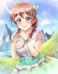 Rule 34 | 1girl, aqua eyes, aqua skirt, artist name, artist request, blue eyes, blue sky, blush, bow, bracelet, braid, breasts, brown hair, bug, butterfly, butterfly on head, cloud, clover, clover hair ornament, collarbone, day, delightful waltz (love live!), dress, emma verde, female focus, floating hair, floral print, flower, flower bracelet, flower print, flower wreath, four-leaf clover, four-leaf clover bracelet, freckles, frilled skirt, frills, grass, hair between eyes, hair bow, hair flower, hair ornament, hair tie, hairclip, head wreath, highres, holding, holding wreath, insect, jewelry, layered skirt, long hair, looking at viewer, love live!, love live! nijigasaki high school idol club, love live! school idol festival, love live! school idol festival all stars, medium breasts, miniskirt, mountain, ocean, outdoors, parted lips, pearl bracelet, pink bow, plaid, plaid dress, plaid skirt, pleated, pleated dress, pleated skirt, polka dot, polka dot skirt, ponyagii, red hair, short hair, short sleeves, skirt, sky, smile, solo, sunflower, sunflower hair ornament, sunlight, twin braids, twintails, wavy hair, white dress, yellow flower