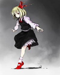 Rule 34 | 1girl, ascot, blonde hair, female focus, hair ribbon, long sleeves, mary janes, outstretched arms, red eyes, ribbon, rumia, shirt, shoes, short hair, skirt, socks, solo, touhou, tsukino, white socks