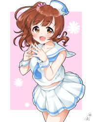 Rule 34 | 1girl, bare shoulders, blue neckerchief, blue ribbon, blush, border, breasts, brown eyes, brown hair, collarbone, cowboy shot, dot nose, flower, funxy k, hair flower, hair ornament, hands up, hat, hat ribbon, highres, idolmaster, idolmaster cinderella girls, idolmaster cinderella girls starlight stage, igarashi kyoko, long hair, looking at viewer, medium breasts, neckerchief, open mouth, outside border, pink background, pink flower, pleated skirt, ribbon, sailor collar, shirt, side ponytail, signature, skirt, sleeveless, sleeveless shirt, smile, solo, standing, steepled fingers, white border, white sailor collar, white shirt, white skirt, white wrist cuffs, wrist cuffs