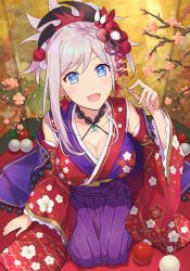 Rule 34 | 1girl, asymmetrical hair, blue eyes, blue kimono, blush, branch, breasts, cleavage, collarbone, commentary, commentary request, detached sleeves, earrings, fate/grand order, fate (series), flower, hair ornament, iincho (airi8751), indoors, japanese clothes, jewelry, kimono, large breasts, looking at viewer, looking up, miyamoto musashi (fate), obi, open mouth, pink hair, ponytail, sash, sitting, sleeveless, sleeveless kimono, solo, wide sleeves