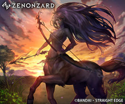 Rule 34 | 1girl, arrow (projectile), belly chain, black hair, bow (weapon), breasts, centaur, cloud, cloudy sky, commentary request, copyright name, field, floating hair, fur, gradient sky, grass, hair between eyes, hashimoto hato, holding, holding arrow, holding bow (weapon), holding weapon, horse tail, jewelry, long hair, looking at viewer, medium breasts, monster girl, mountainous horizon, multiple legs, official art, orange sky, parted lips, pointy ears, red eyes, red lips, sidelocks, sky, solo, standing, standing on three legs, sunset, tail, taur, tree, very long hair, watermark, weapon, zenonzard