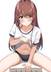 Rule 34 | 1girl, absurdres, brown hair, buruma, clothes lift, collarbone, gym uniform, highres, idolmaster, idolmaster shiny colors, long hair, looking at viewer, navel, osaki tenka, paid reward available, paid reward available, shirt lift, simple background, sitting, solo, spread legs, sweat, thighs, wanimaru, white background, yellow eyes