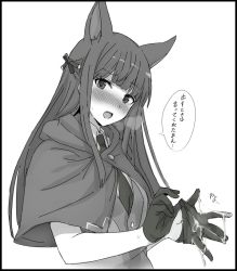 Rule 34 | 1girl, animal ears, bad id, bad twitter id, black gloves, blush, breasts, cloak, dress, eyebrows hidden by hair, gloves, unworn gloves, greyscale, hair ribbon, highres, kasumi (princess connect!), long hair, looking at viewer, mobu, monochrome, necktie, open mouth, princess connect!, ribbon, simple background, sleeveless, sleeveless dress, solo, white background