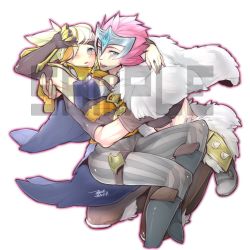 Rule 34 | 1boy, 1girl, armpits, blush, breasts, dated, ejami, elbow gloves, facial mark, foot out of frame, gloves, looking at viewer, original, pink hair, sample watermark, short hair, signature, simple background, watermark, white background
