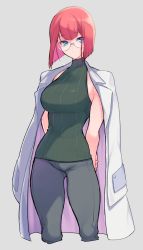 Rule 34 | 1girl, blue eyes, bob cut, breasts, closed mouth, glasses, grey background, heris ardebit, highres, lab coat, looking at viewer, promare, red hair, round eyewear, short hair, simple background, solo, takatsuki ichi