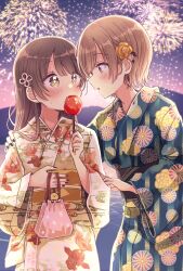 Rule 34 | 2girls, aerial fireworks, black kimono, blush, brown eyes, brown hair, candy apple, character request, commentary request, eye contact, fireworks, floral print, food, hand up, highres, holding, holding food, japanese clothes, kimono, long sleeves, looking at another, mountain, multiple girls, nail polish, night, night sky, obi, outdoors, parted lips, red nails, sakura oriko, sash, sky, smile, sweat, swing!!, white kimono, wide sleeves