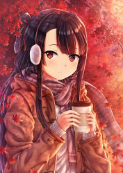 Rule 34 | 1girl, absurdres, autumn leaves, black hair, blurry, blush, brown coat, brown eyes, closed mouth, coat, commentary, cup, depth of field, duffel coat, earmuffs, english commentary, falling leaves, half updo, highres, holding, itaro, koori chikage, leaf, lens flare, long hair, long sleeves, looking at viewer, maple leaf, nogi wakaba wa yuusha de aru, open clothes, open coat, orange theme, outdoors, ribbed sweater, scarf, solo, sweater, upper body, very long hair, yuusha de aru