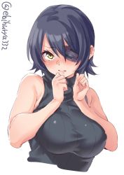Rule 34 | 1girl, alternate costume, bare arms, bare shoulders, blush, breast press, breasts, casual, contemporary, cropped torso, ebifurya, eyepatch, hair between eyes, highres, impossible clothes, kantai collection, large breasts, lips, looking at viewer, nose blush, pink lips, purple hair, ribbed sweater, short hair, simple background, solo, striped, sweater, tenryuu (kancolle), turtleneck, turtleneck sweater, upper body, vertical stripes, white background, yellow eyes