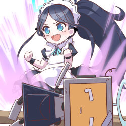 Rule 34 | &lt;key&gt; (blue archive), 1girl, :d, absurdly long hair, apron, aris (blue archive), aris (maid) (blue archive), aura, black hair, black wristband, blue archive, blue bow, blue bowtie, blue eyes, bow, bowtie, clenched hands, commentary request, forehead, halo, long hair, maid, maid apron, maid headdress, o (rakkasei), official alternate costume, open mouth, robot, short sleeves, side ponytail, sidelocks, simple background, smile, toy, v-shaped eyebrows, very long hair, white background